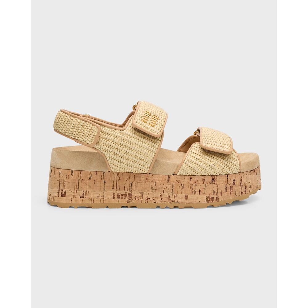 Miu Miu Beige Woven Cork Platform Sandals